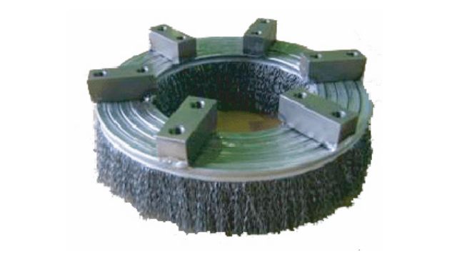 Cup brush with base on top for removing large burrs (bristle material: metal wire)